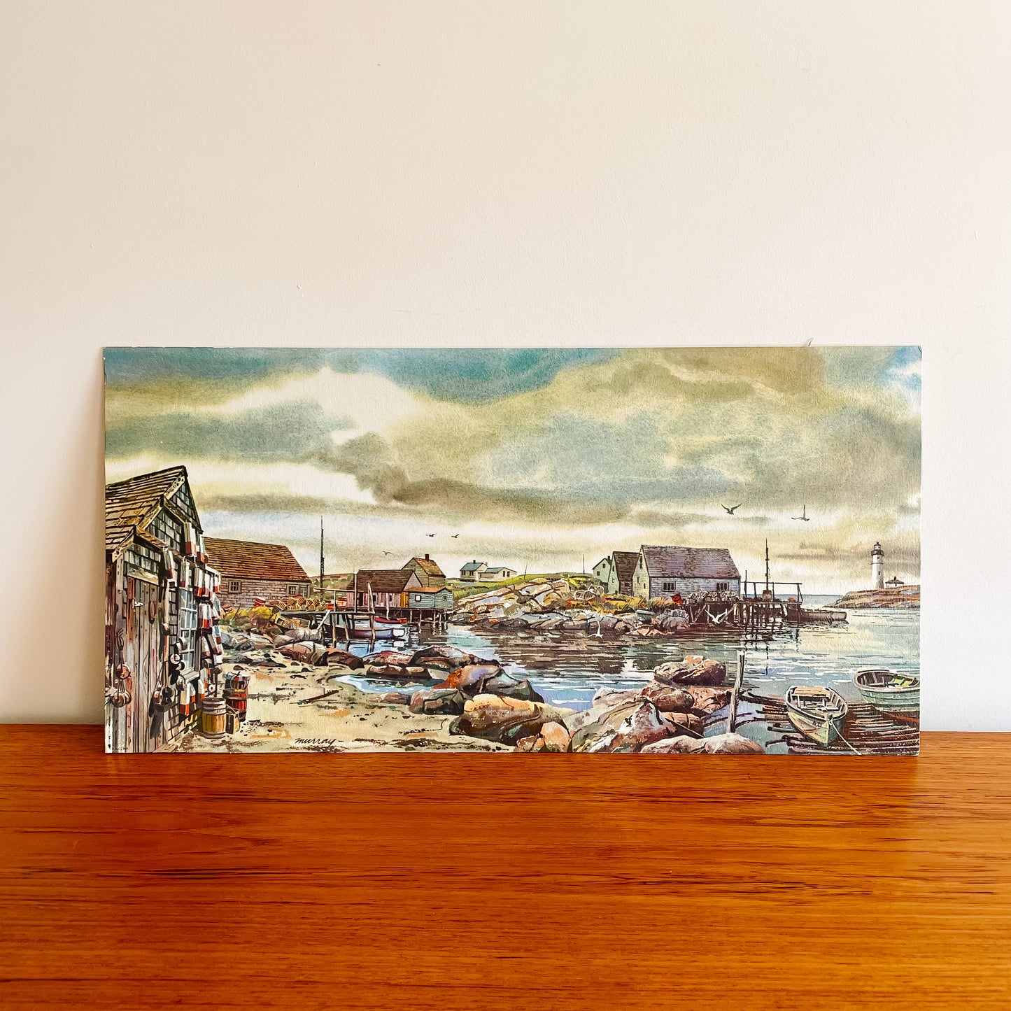 Textured Lithograph - Seaside Harbour Scene with Boats
