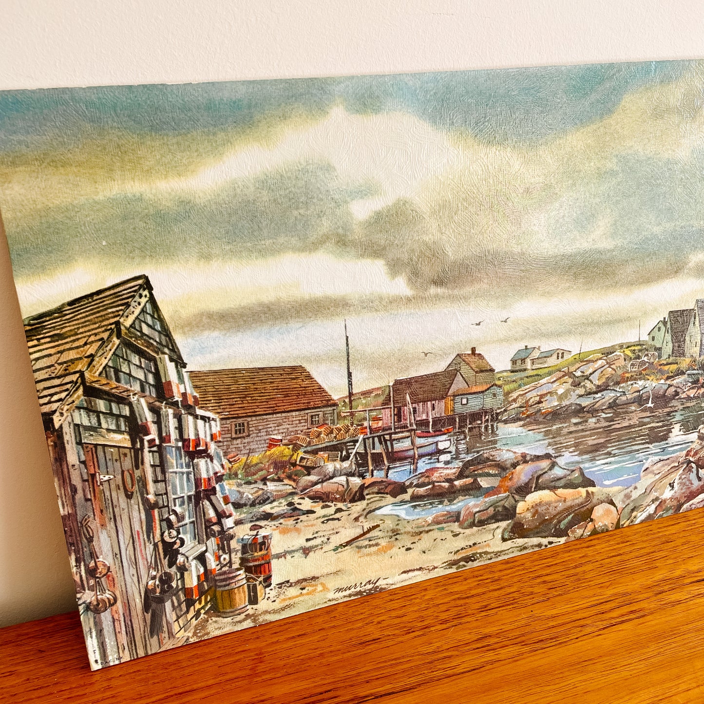 Textured Lithograph - Seaside Harbour Scene with Boats
