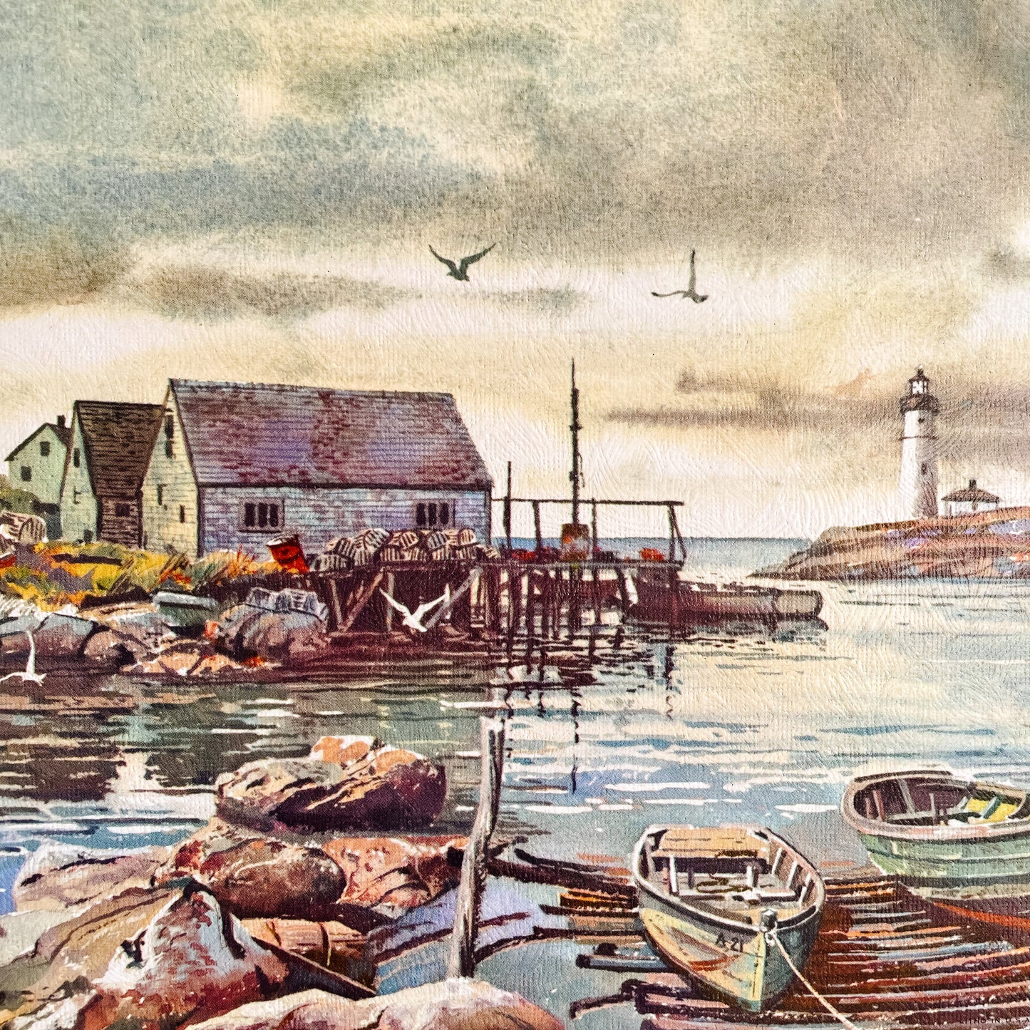 Textured Lithograph - Seaside Harbour Scene with Boats