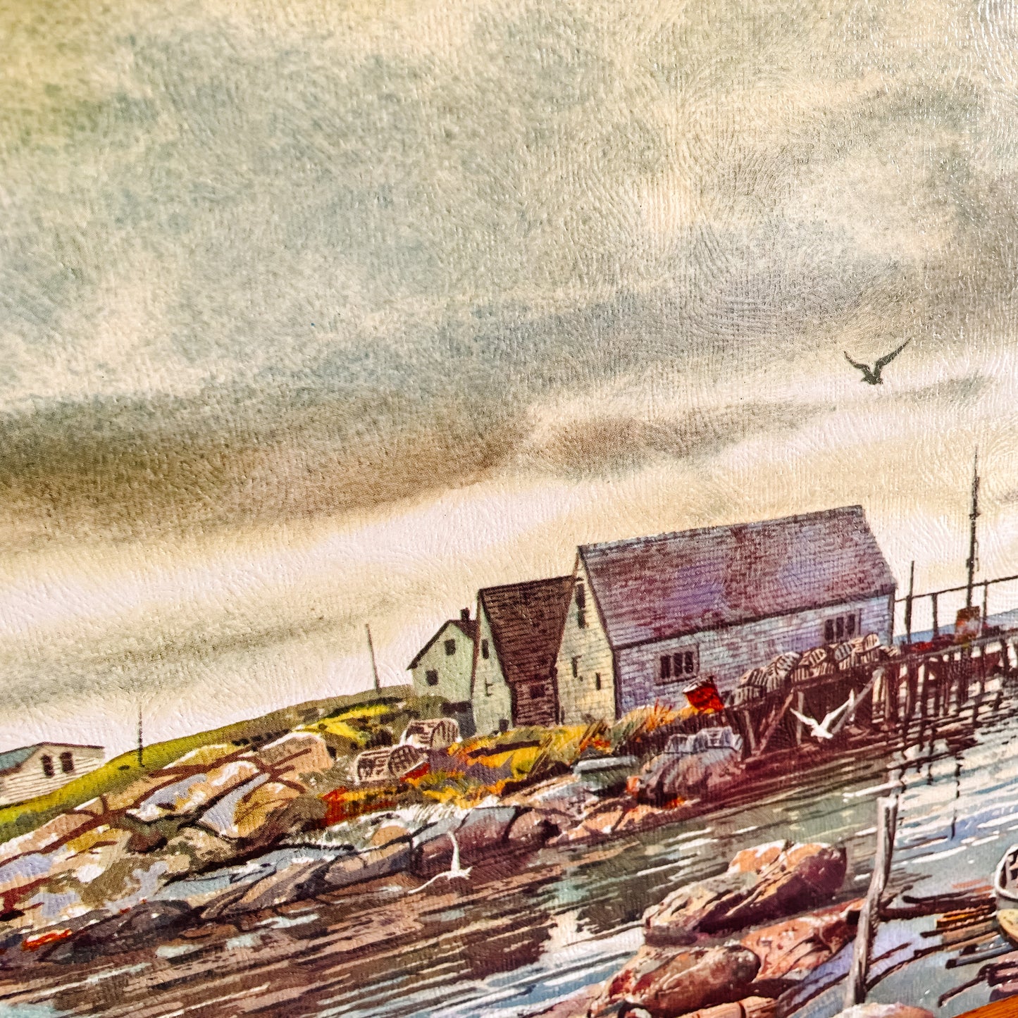 Textured Lithograph - Seaside Harbour Scene with Boats