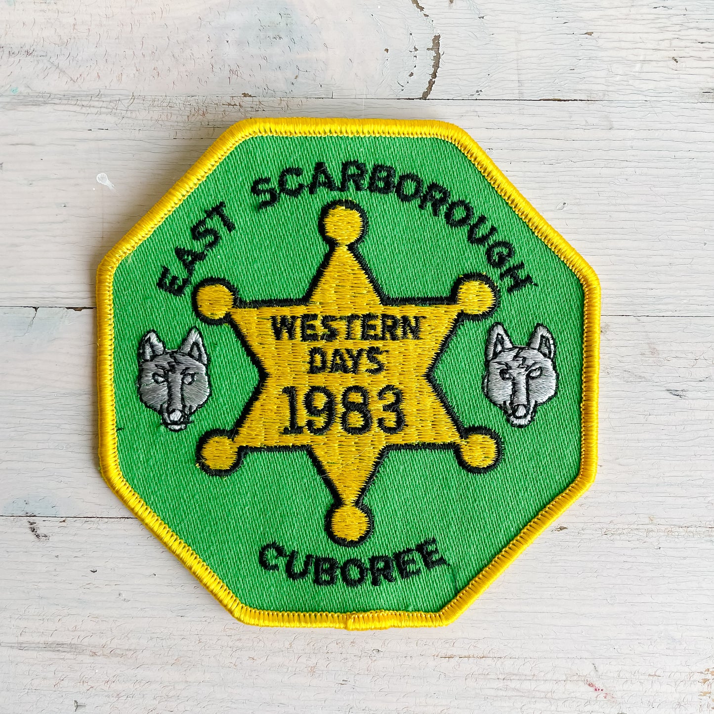 Vintage Embroidered Patch - Boy Scouts East Scarborough 1983 Western Days Cuboree Octagonal Patch
