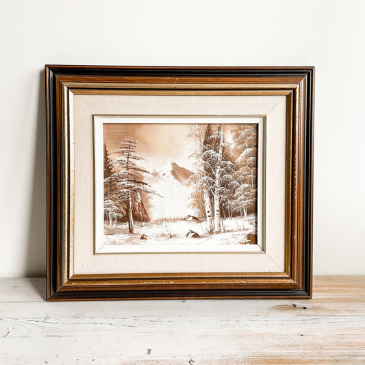 Framed Oil Painting - Winter Scene with Trees & Mountain