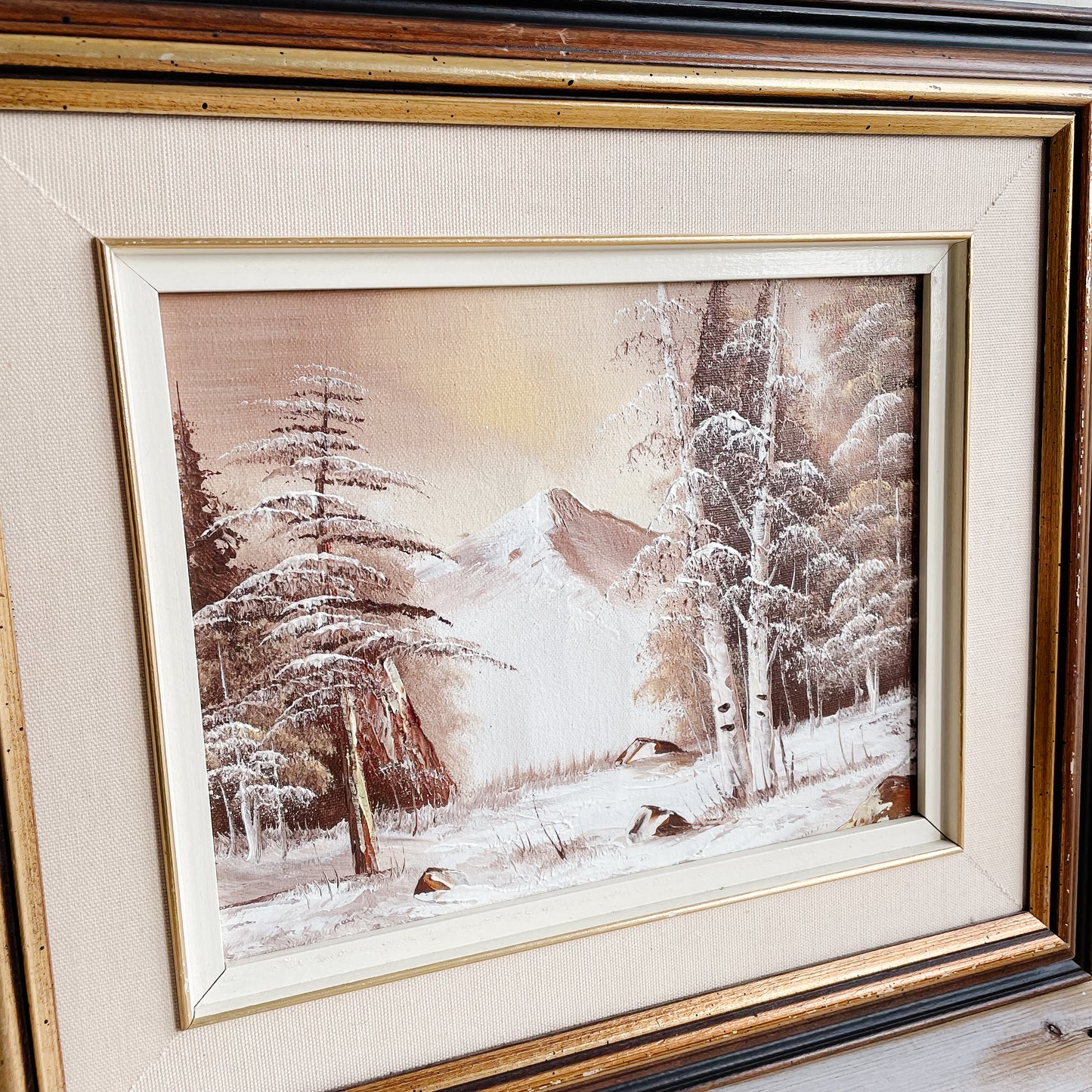Framed Oil Painting - Winter Scene with Trees & Mountain