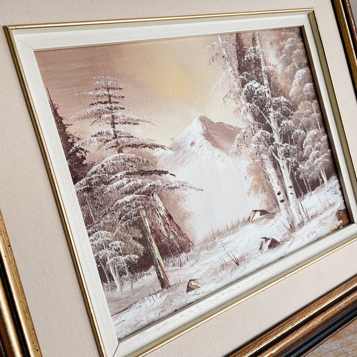 Framed Oil Painting - Winter Scene with Trees & Mountain