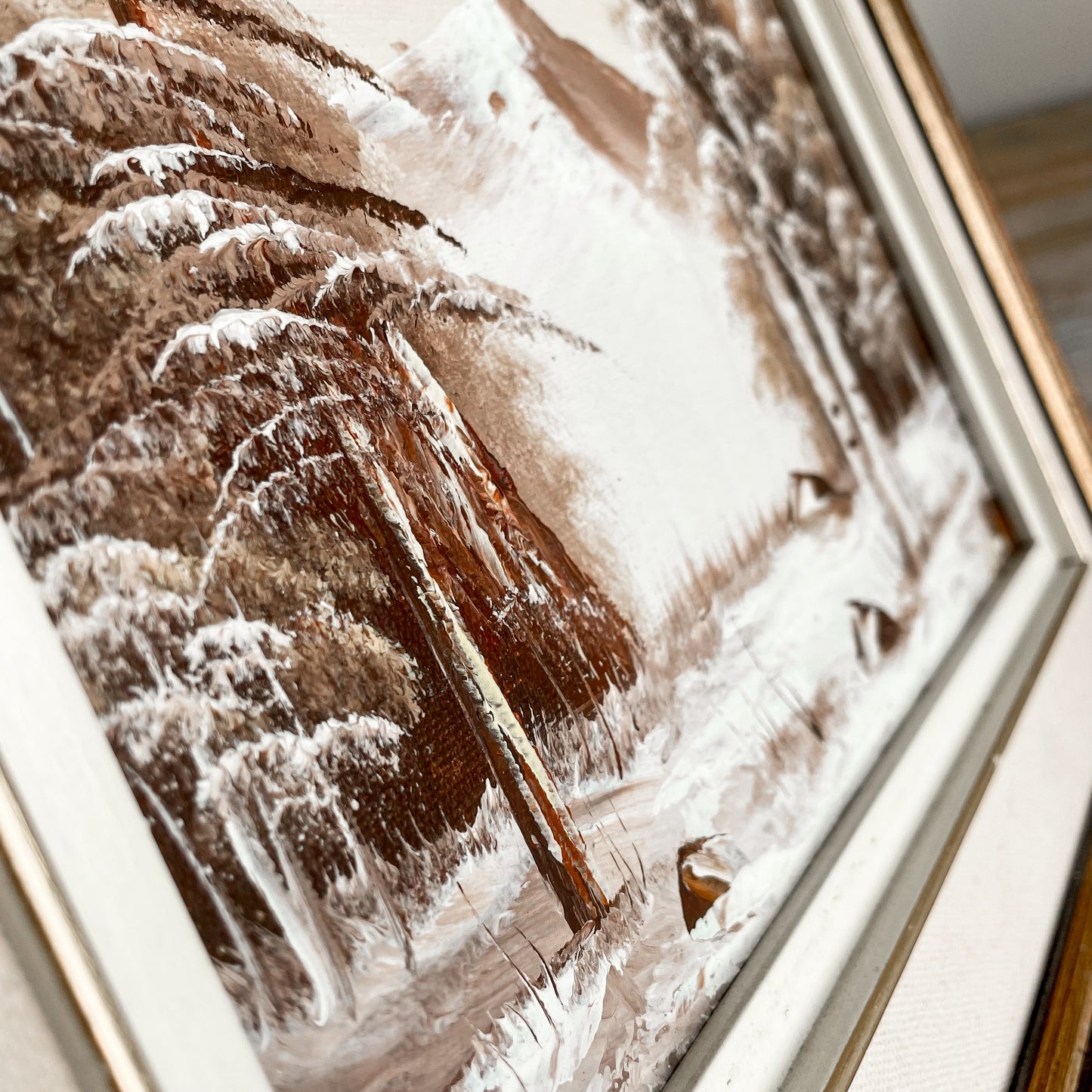 Framed Oil Painting - Winter Scene with Trees & Mountain