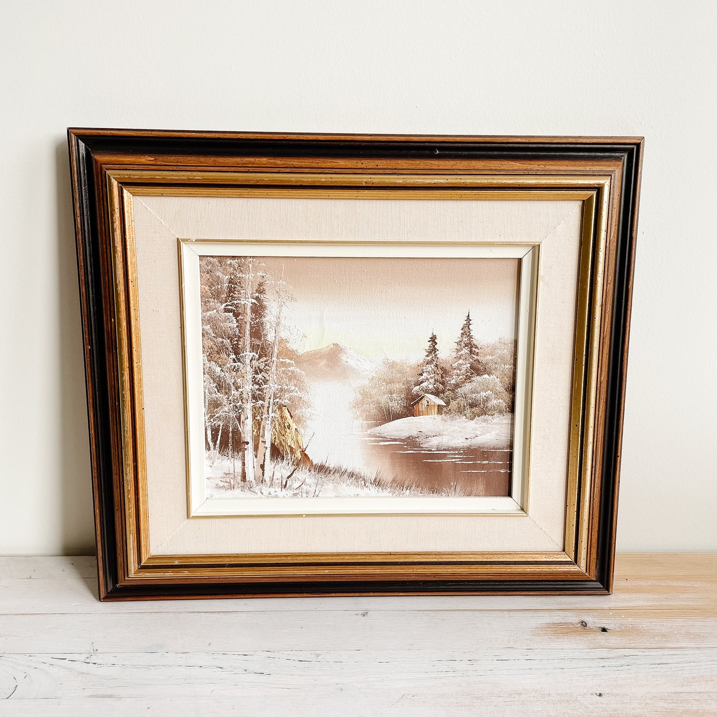 Framed Oil Painting - Winter Scene with Trees & Cabin