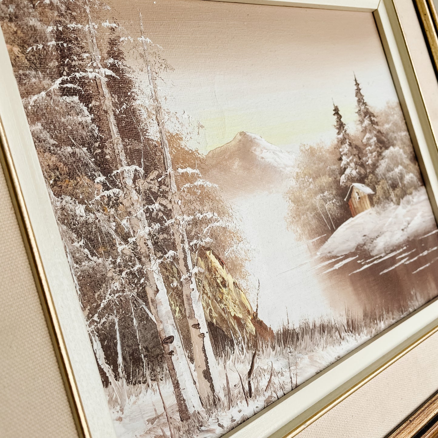 Framed Oil Painting - Winter Scene with Trees & Cabin