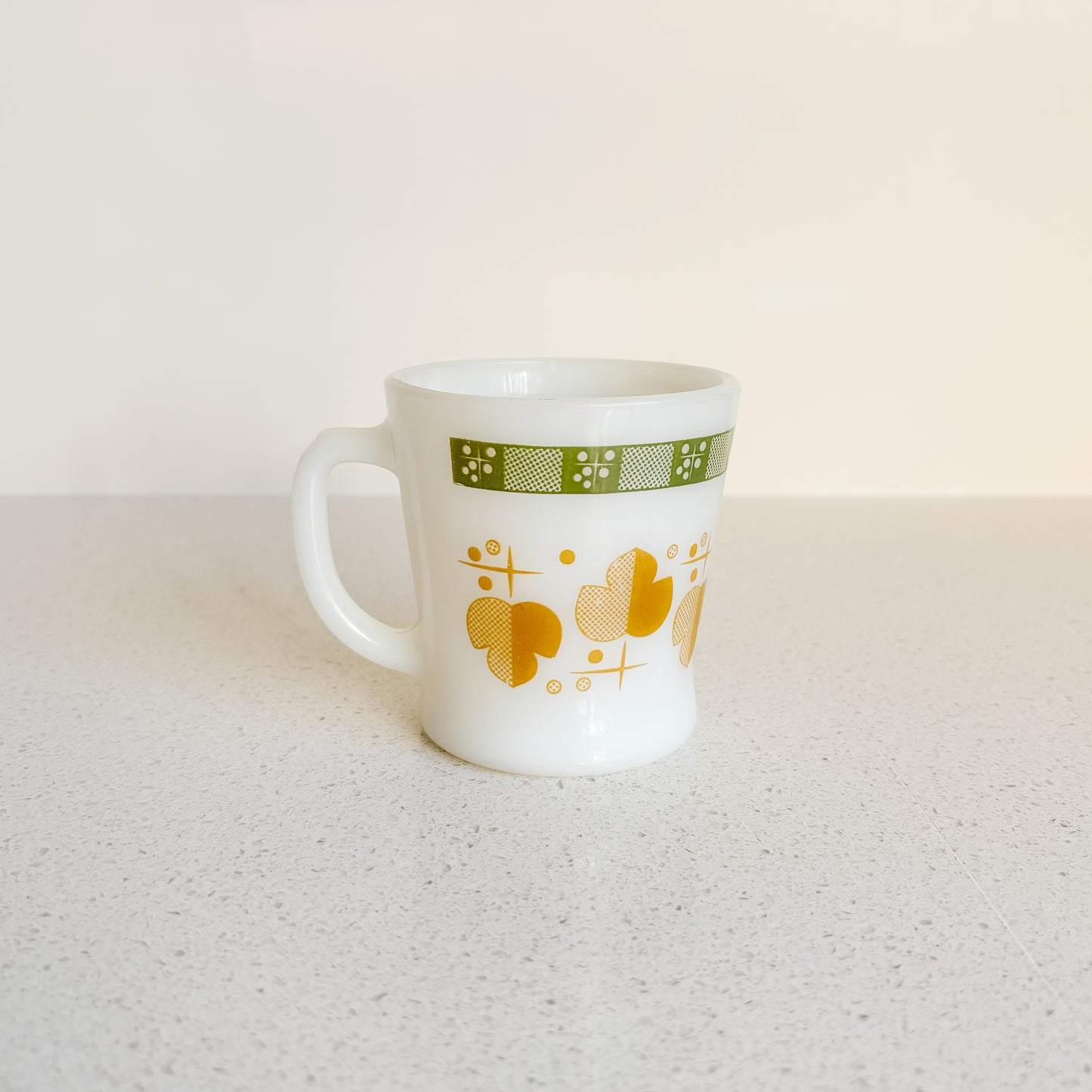 Fire-King "Shamrock" Green/Yellow Milk Glass D-Handle Mug