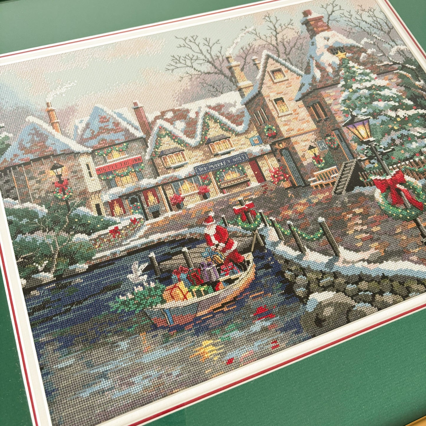 XL Framed "Christmas Cove" Scene Needlepoint Cross Stitch Embroidery