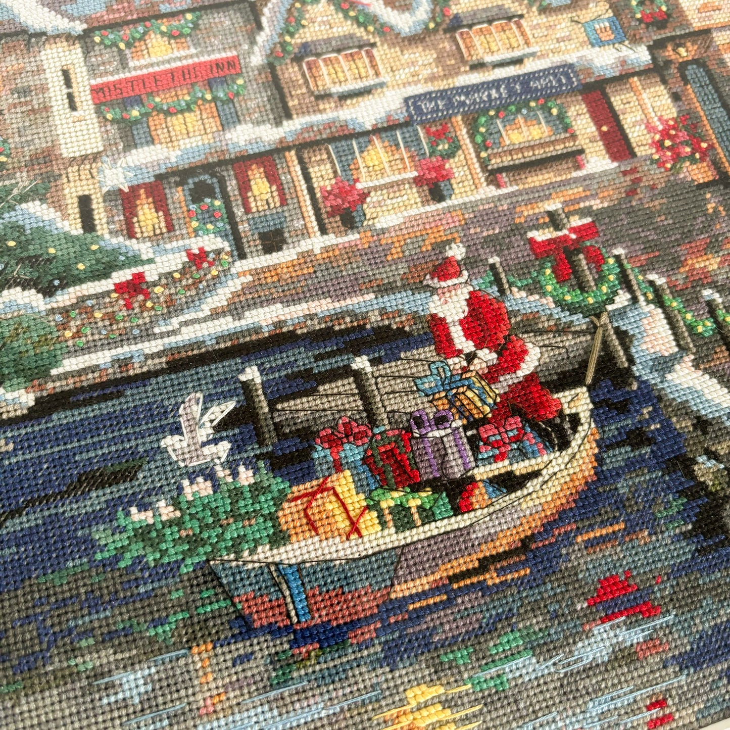 XL Framed "Christmas Cove" Scene Needlepoint Cross Stitch Embroidery