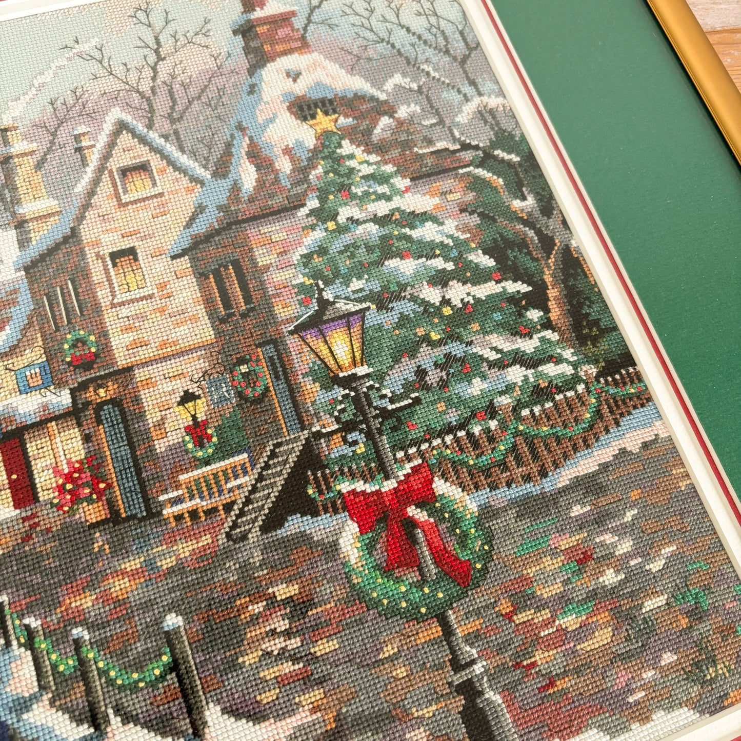 XL Framed "Christmas Cove" Scene Needlepoint Cross Stitch Embroidery