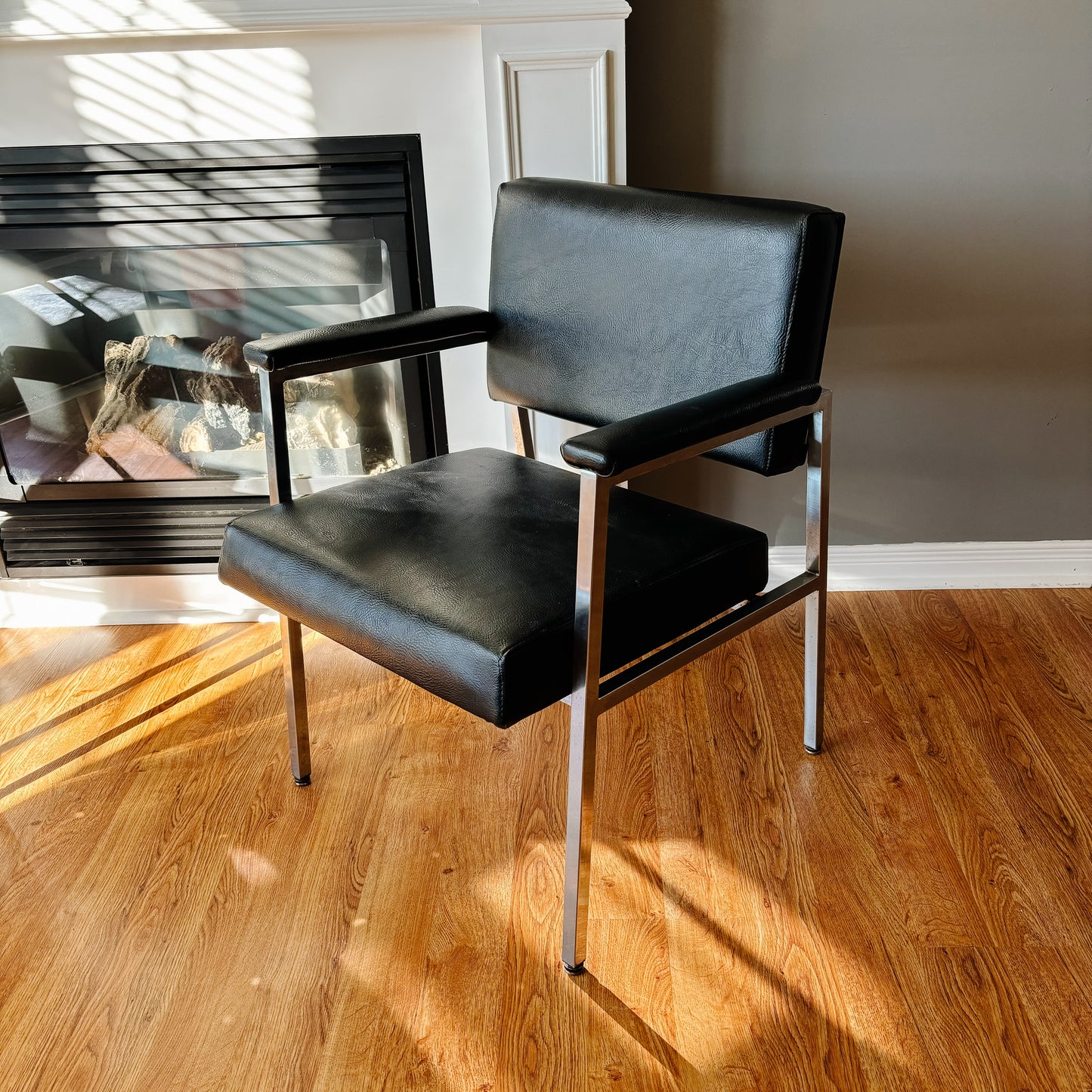 Chrome and Black Vinyl Armchair with Padded Arms