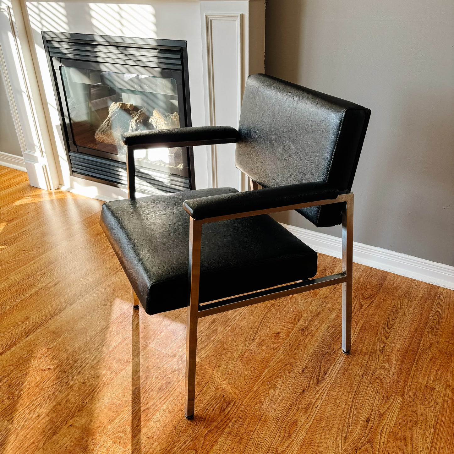 Chrome and Black Vinyl Armchair with Padded Arms