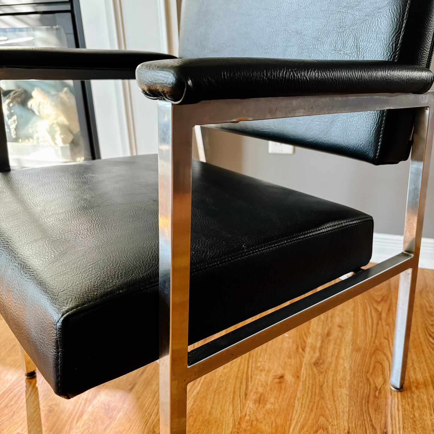 Chrome and Black Vinyl Armchair with Padded Arms