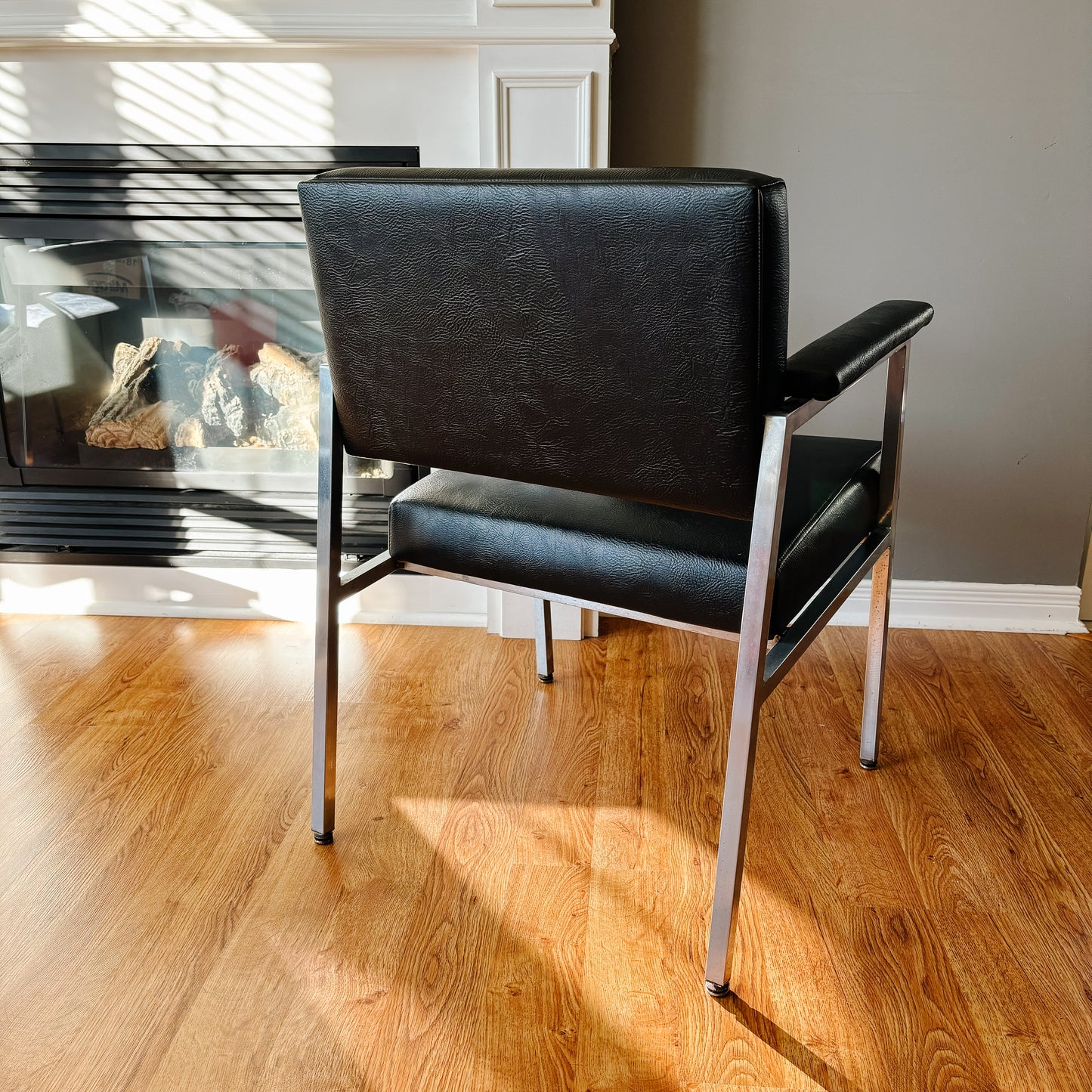 Chrome and Black Vinyl Armchair with Padded Arms