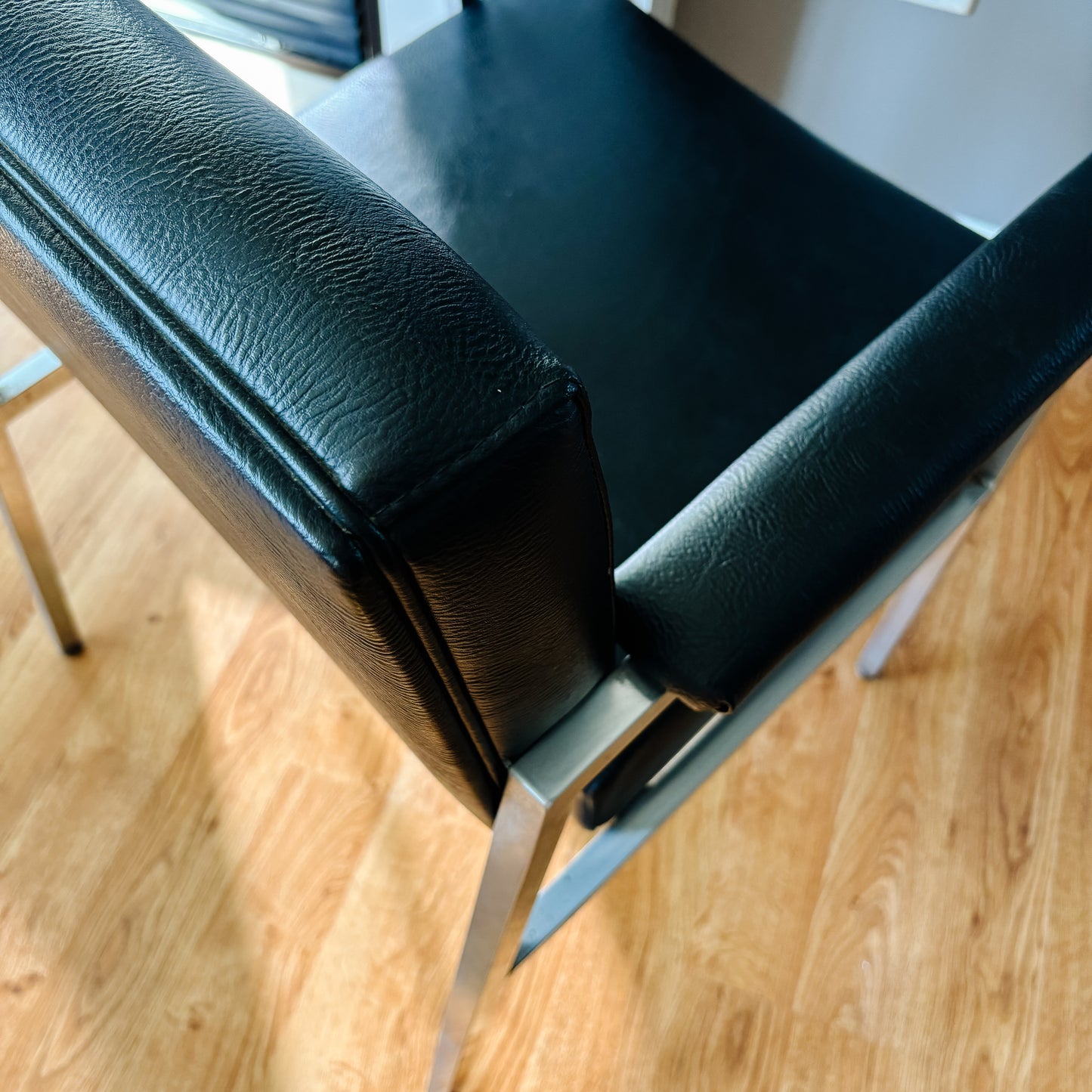 Chrome and Black Vinyl Armchair with Padded Arms