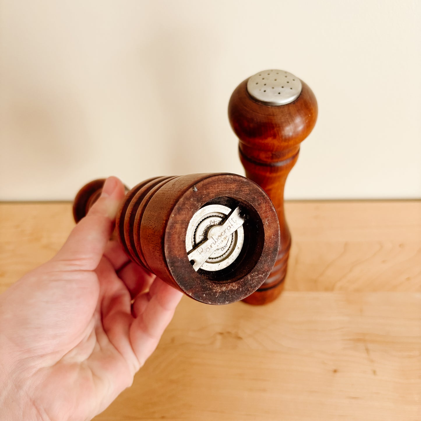 Vintage Baribocraft Maple 9.5" Wooden Pepper Mill and Salt Shaker
