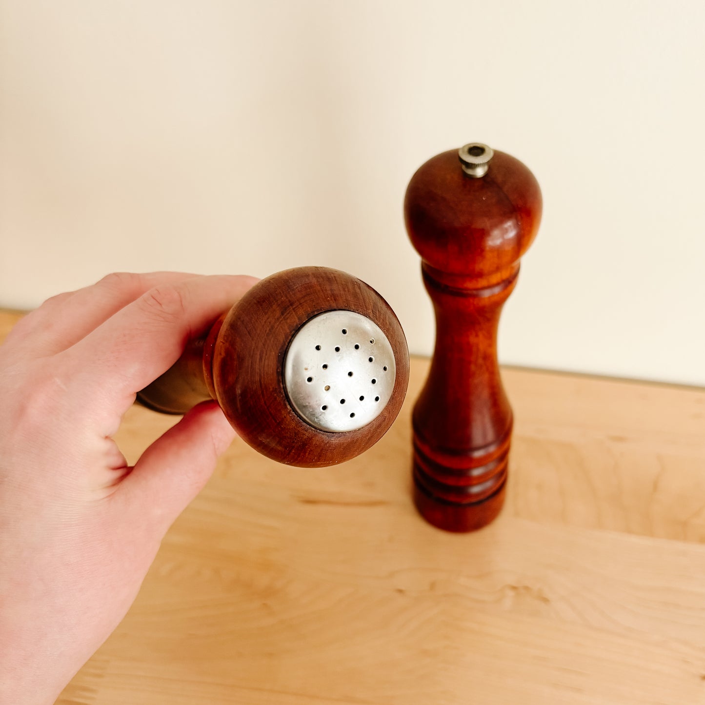 Vintage Baribocraft Maple 9.5" Wooden Pepper Mill and Salt Shaker