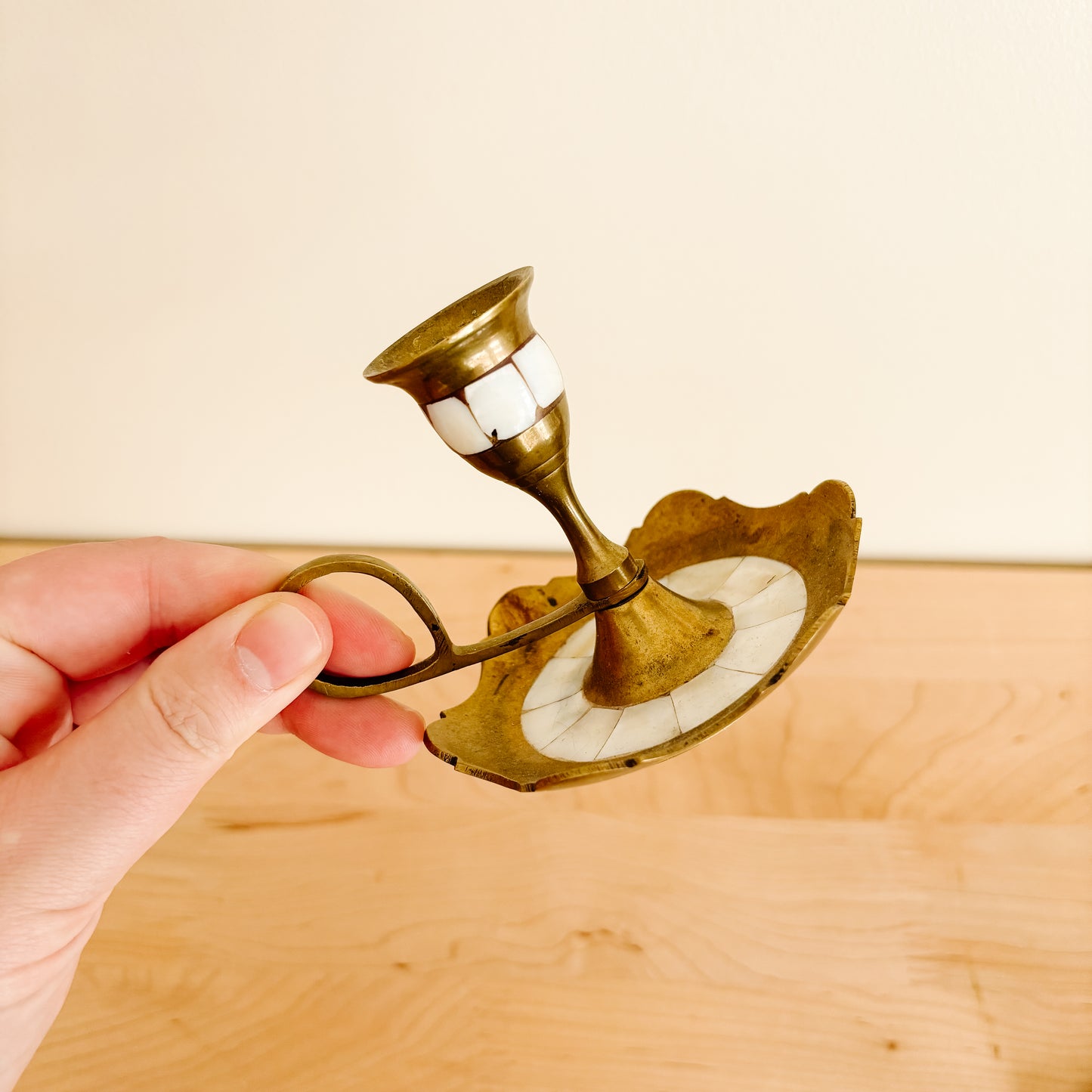Brass Candle Stick Holder with Mother of Pearl Inlay