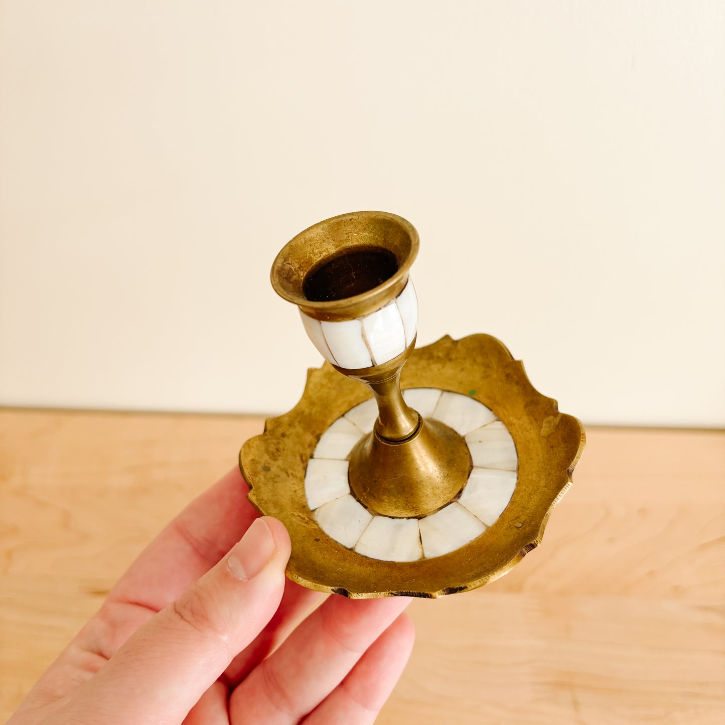 Brass Candle Stick Holder with Mother of Pearl Inlay