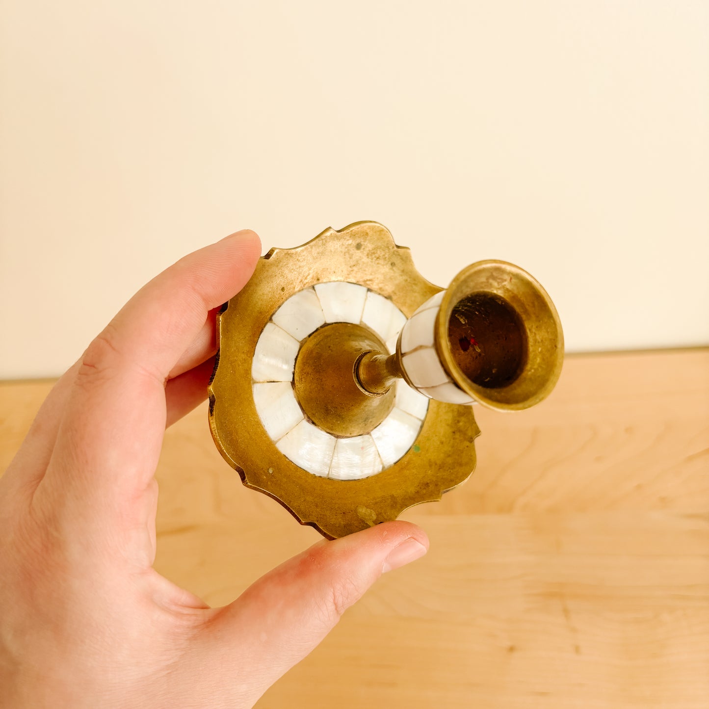 Brass Candle Stick Holder with Mother of Pearl Inlay