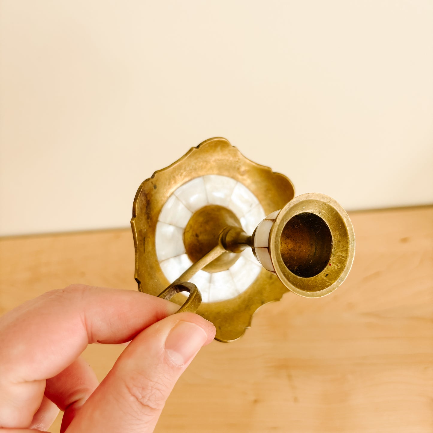 Brass Candle Stick Holder with Mother of Pearl Inlay