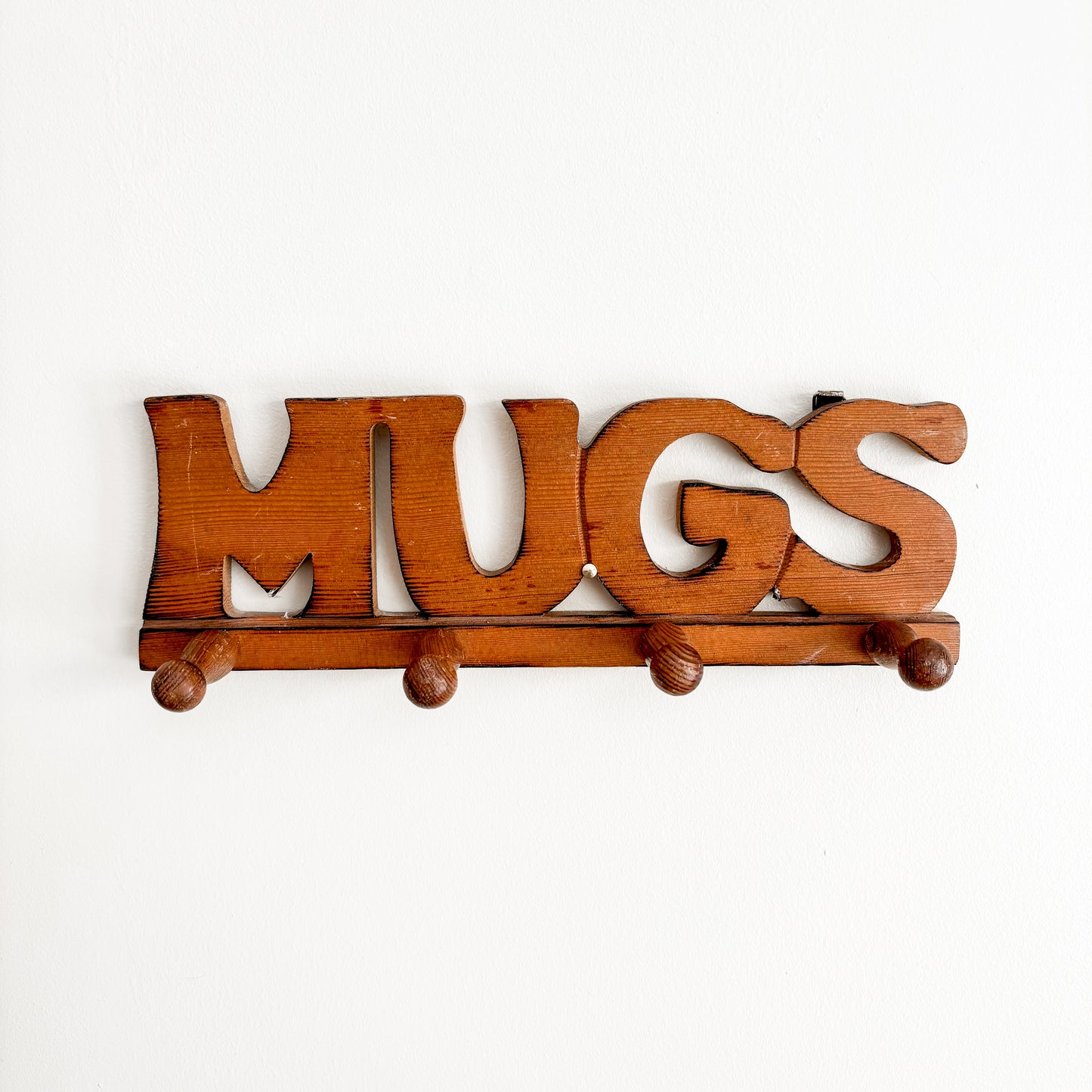 Vintage Wood "MUGS" Text Hanging Peg Rack