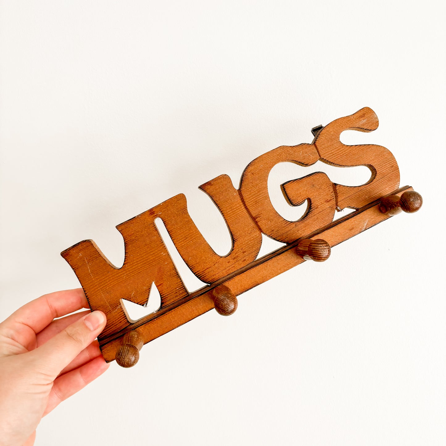 Vintage Wood "MUGS" Text Hanging Peg Rack