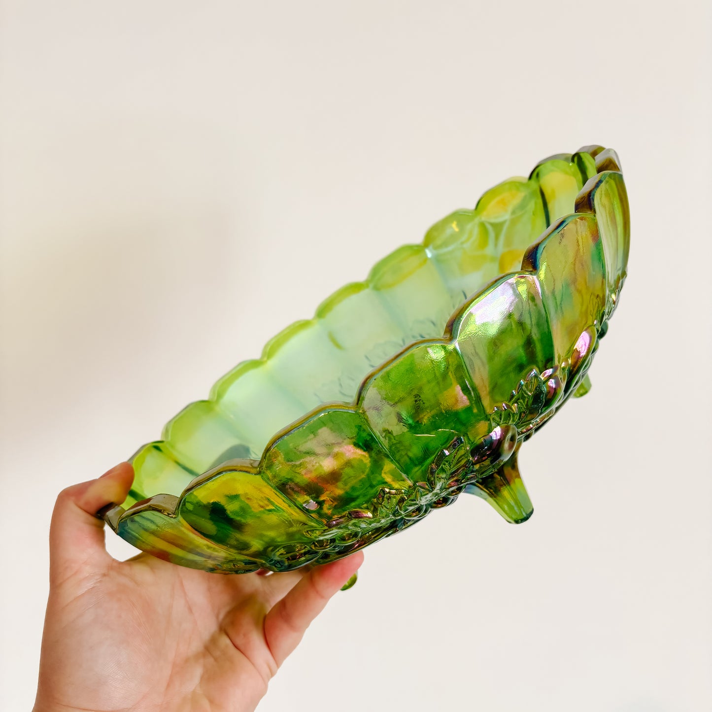 Vintage Iridescent Green Oval Carnival Indiana Glass Fruit Bowl