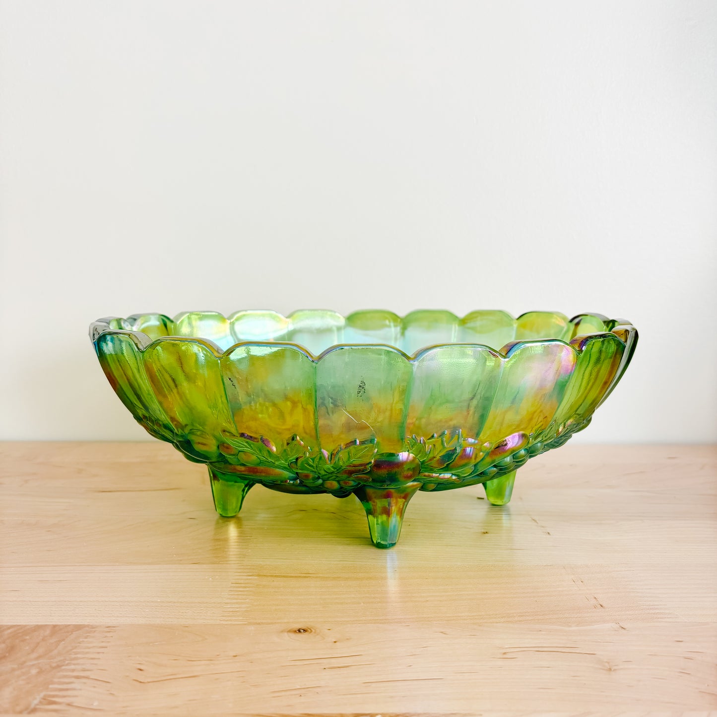 Vintage Iridescent Green Oval Carnival Indiana Glass Fruit Bowl