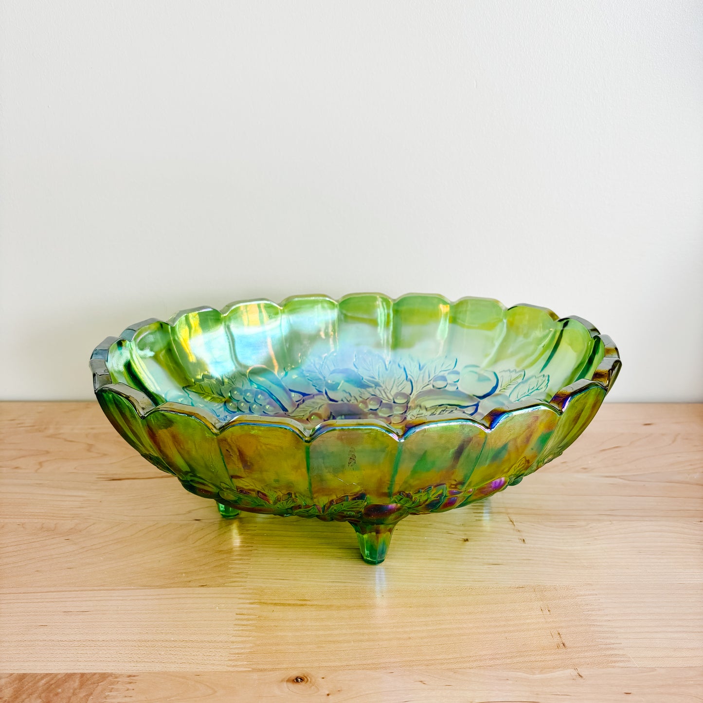 Vintage Iridescent Green Oval Carnival Indiana Glass Fruit Bowl