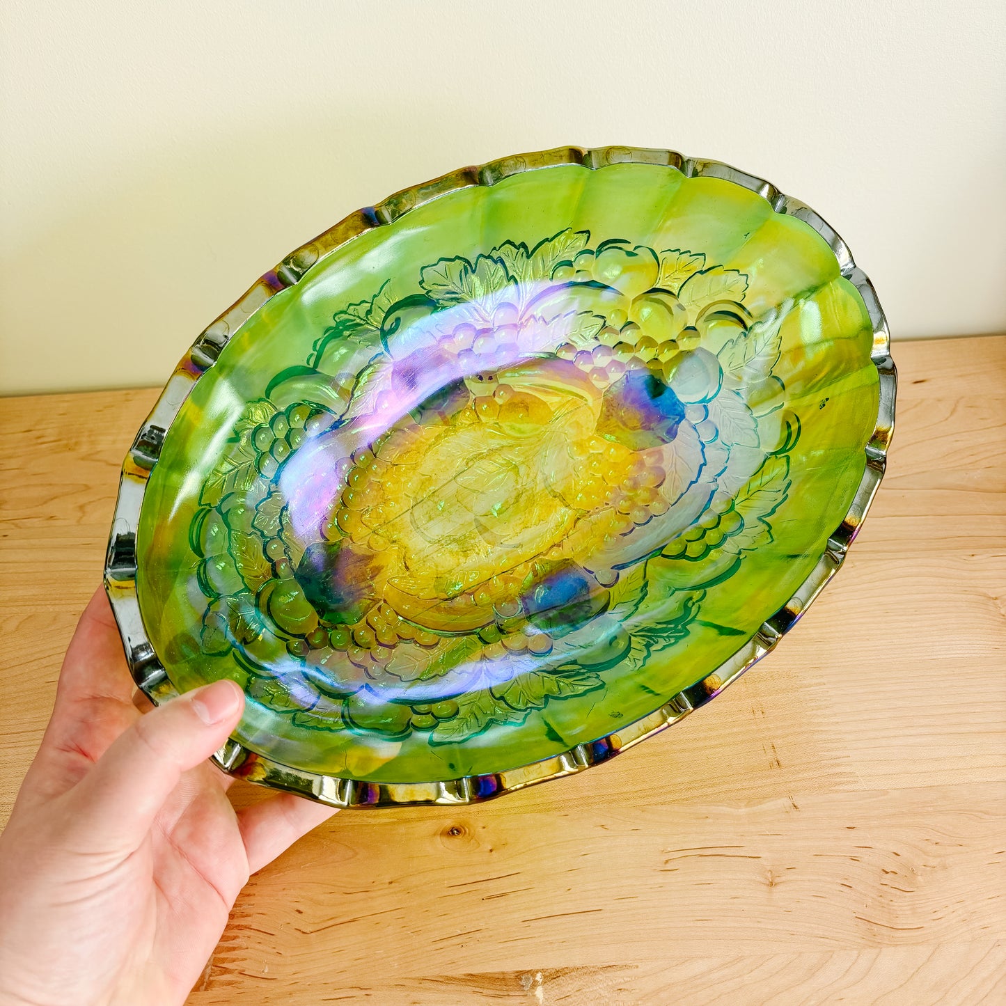 Vintage Iridescent Green Oval Carnival Indiana Glass Fruit Bowl