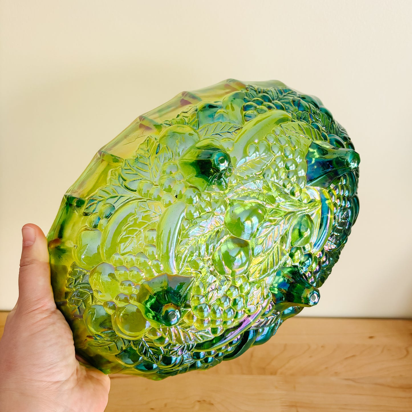 Vintage Iridescent Green Oval Carnival Indiana Glass Fruit Bowl