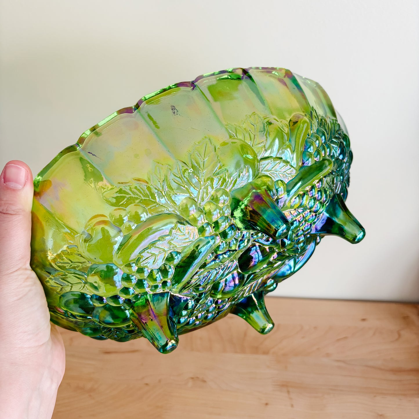 Vintage Iridescent Green Oval Carnival Indiana Glass Fruit Bowl