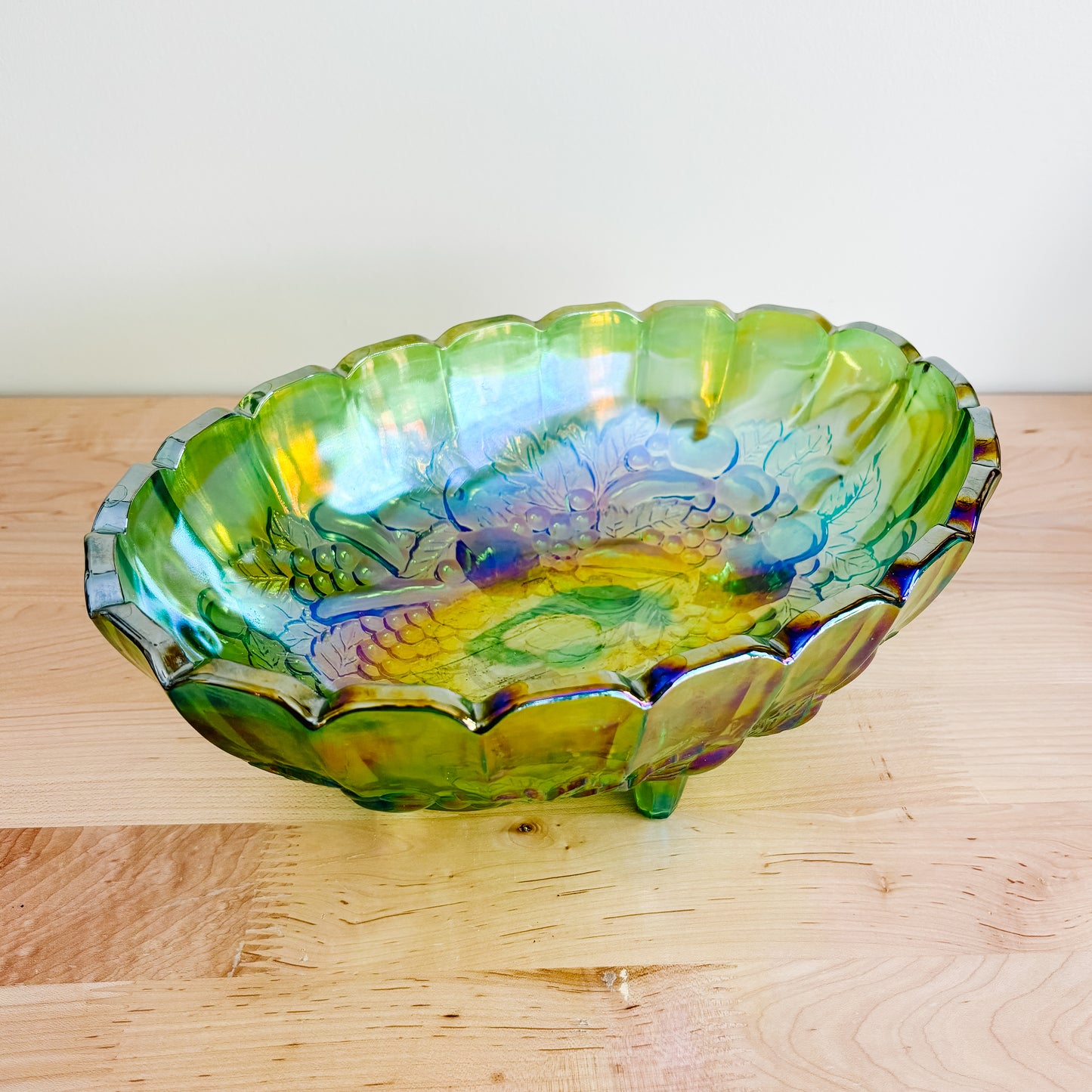 Vintage Iridescent Green Oval Carnival Indiana Glass Fruit Bowl