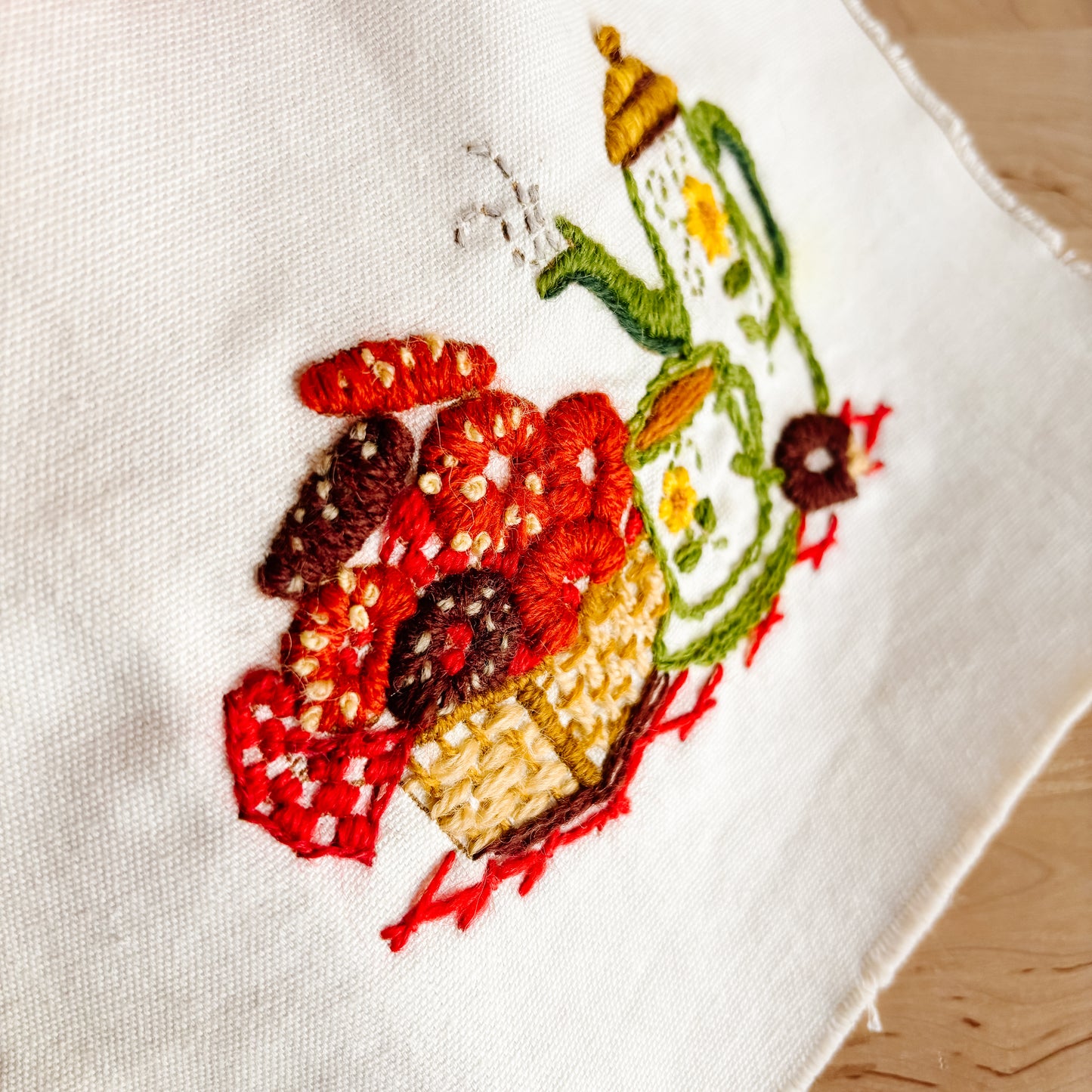 Vintage Creative Circle Stitched Crewel Artwork - Teapot and Popcorn