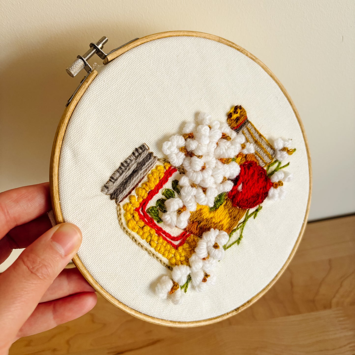 Vintage Creative Circle Stitched Crewel Artwork - Teapot and Popcorn