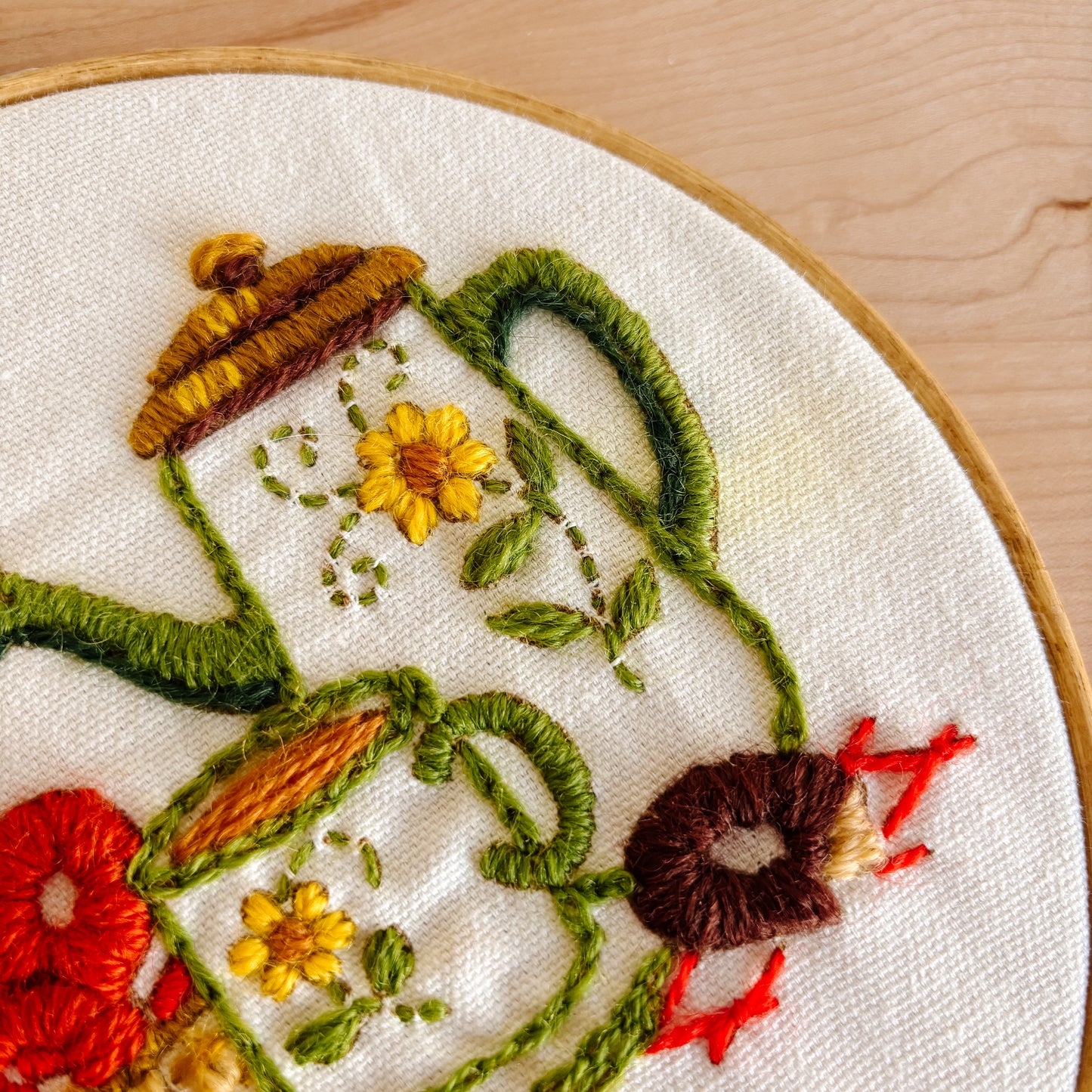 Vintage Creative Circle Stitched Crewel Artwork - Teapot and Popcorn