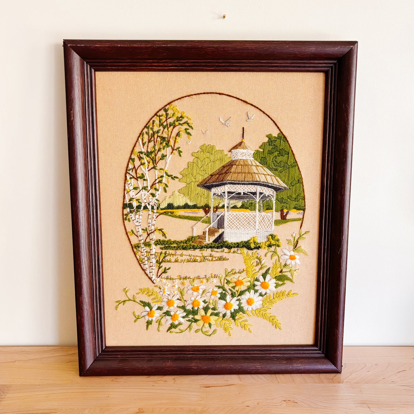 Framed Vintage Gazebo Floral Crewel Artwork