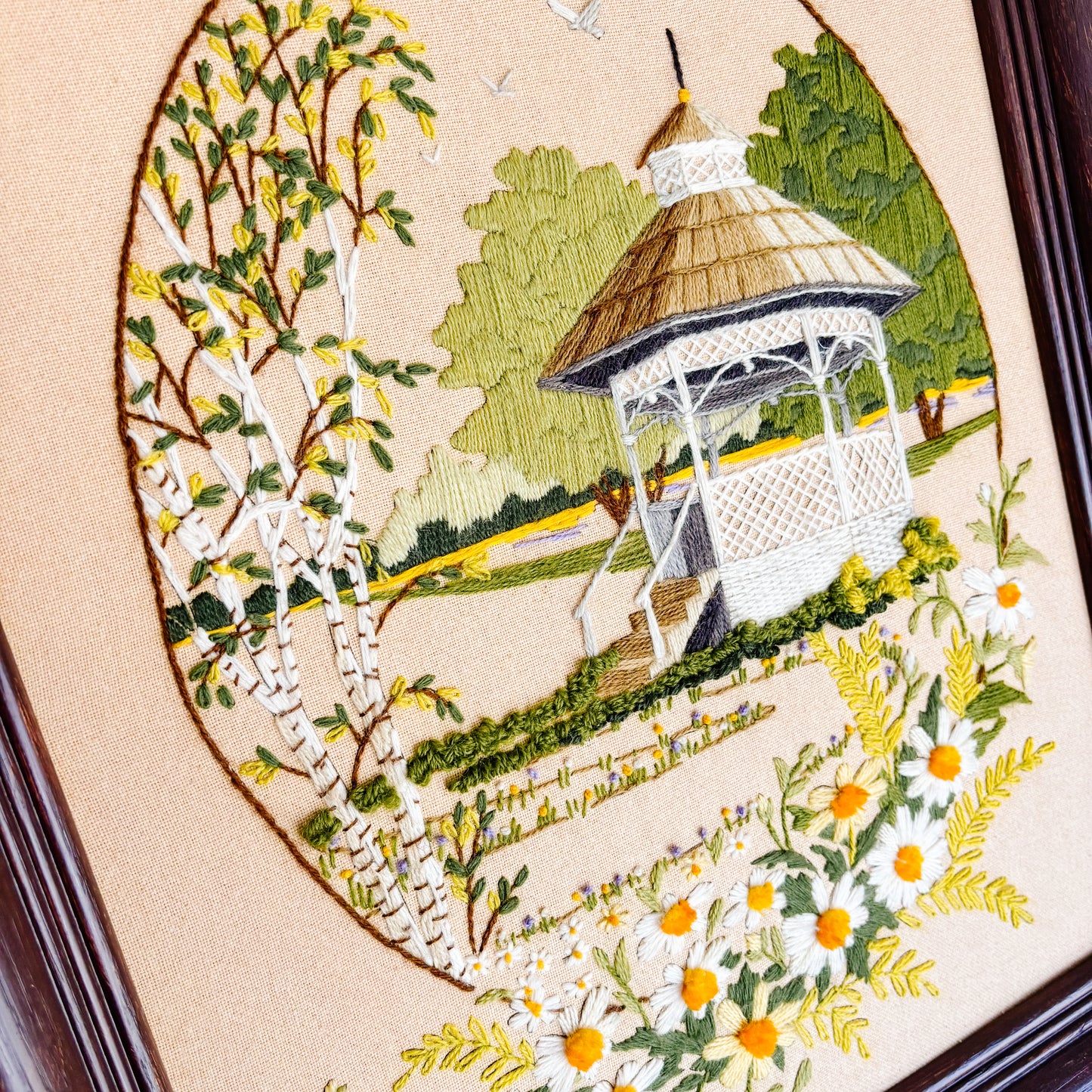 Framed Vintage Gazebo Floral Crewel Artwork