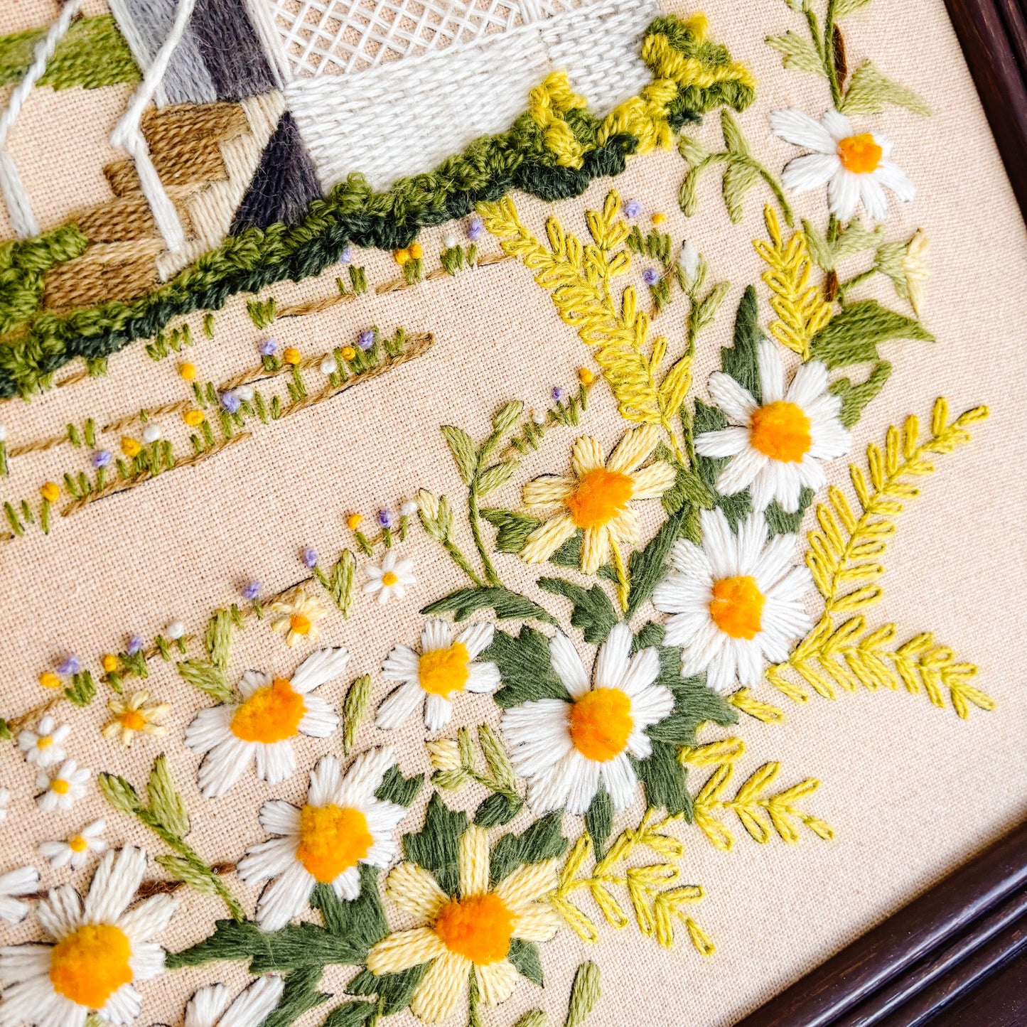 Framed Vintage Gazebo Floral Crewel Artwork