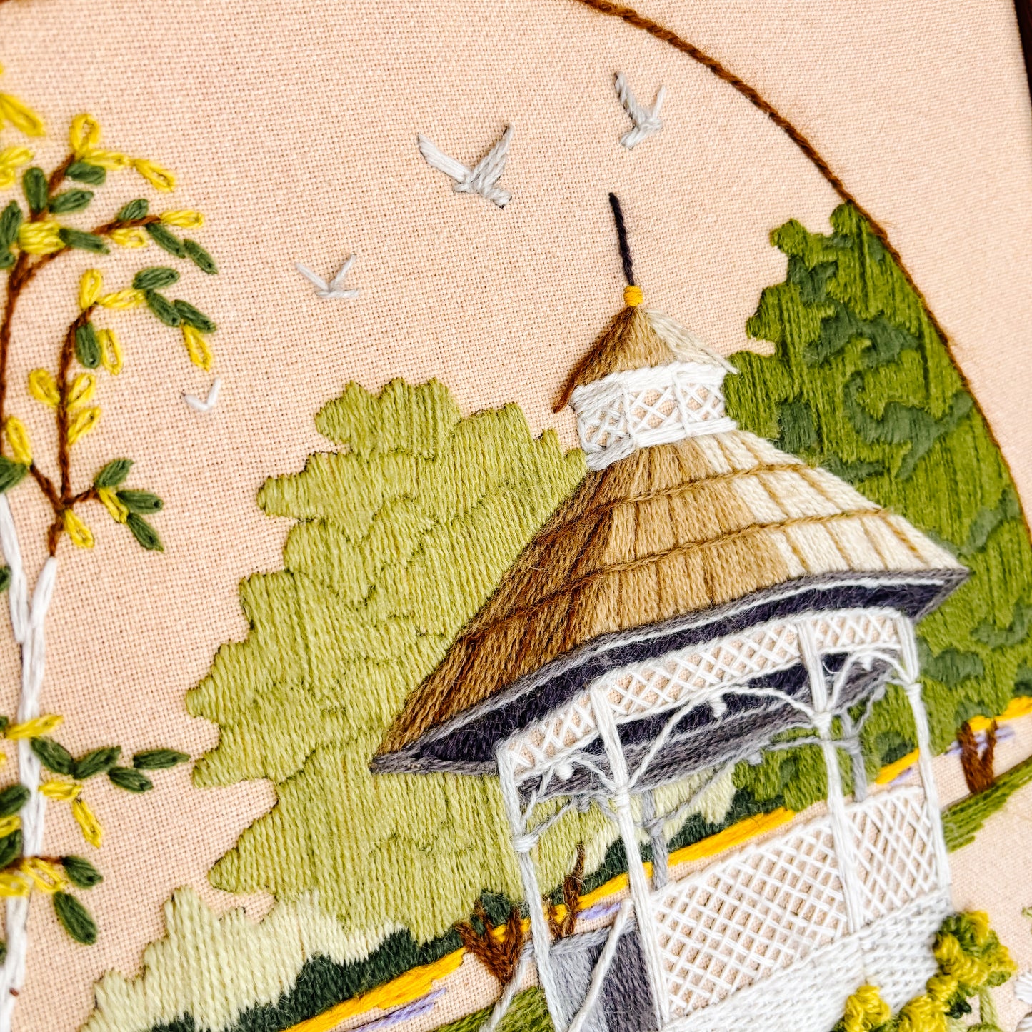 Framed Vintage Gazebo Floral Crewel Artwork