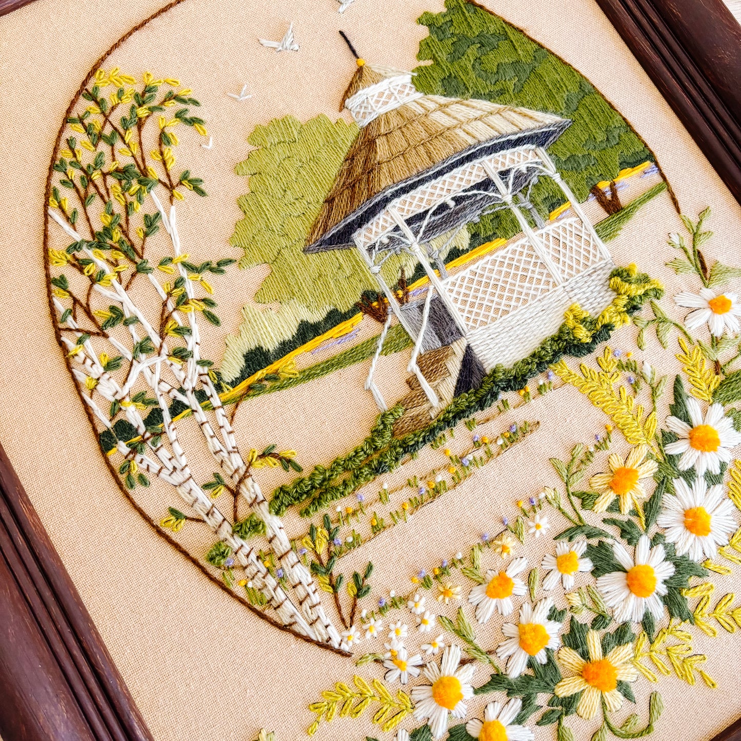 Framed Vintage Gazebo Floral Crewel Artwork