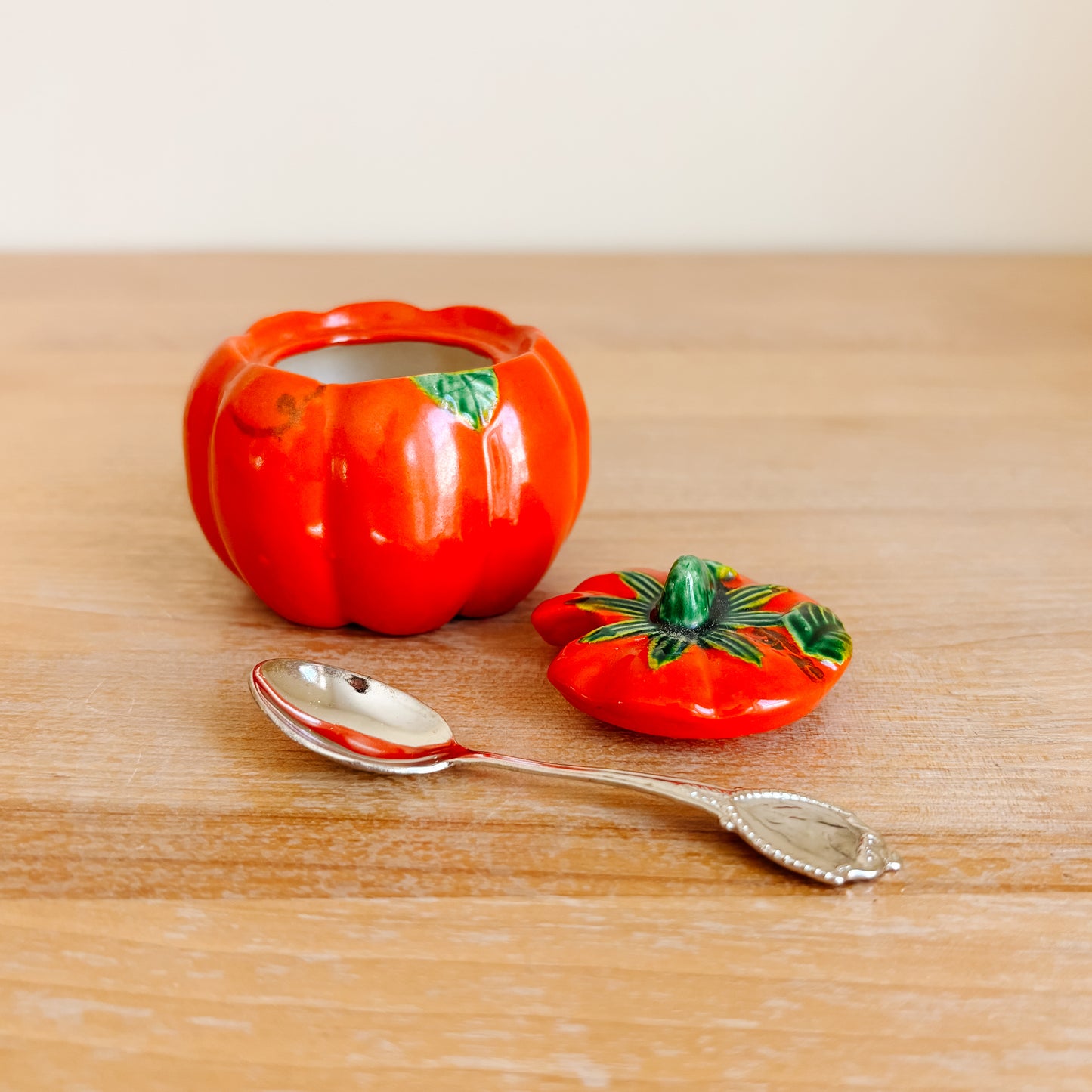 Ceramic Tomato Sugar Bowl with Lid and Spoon MCM Japan