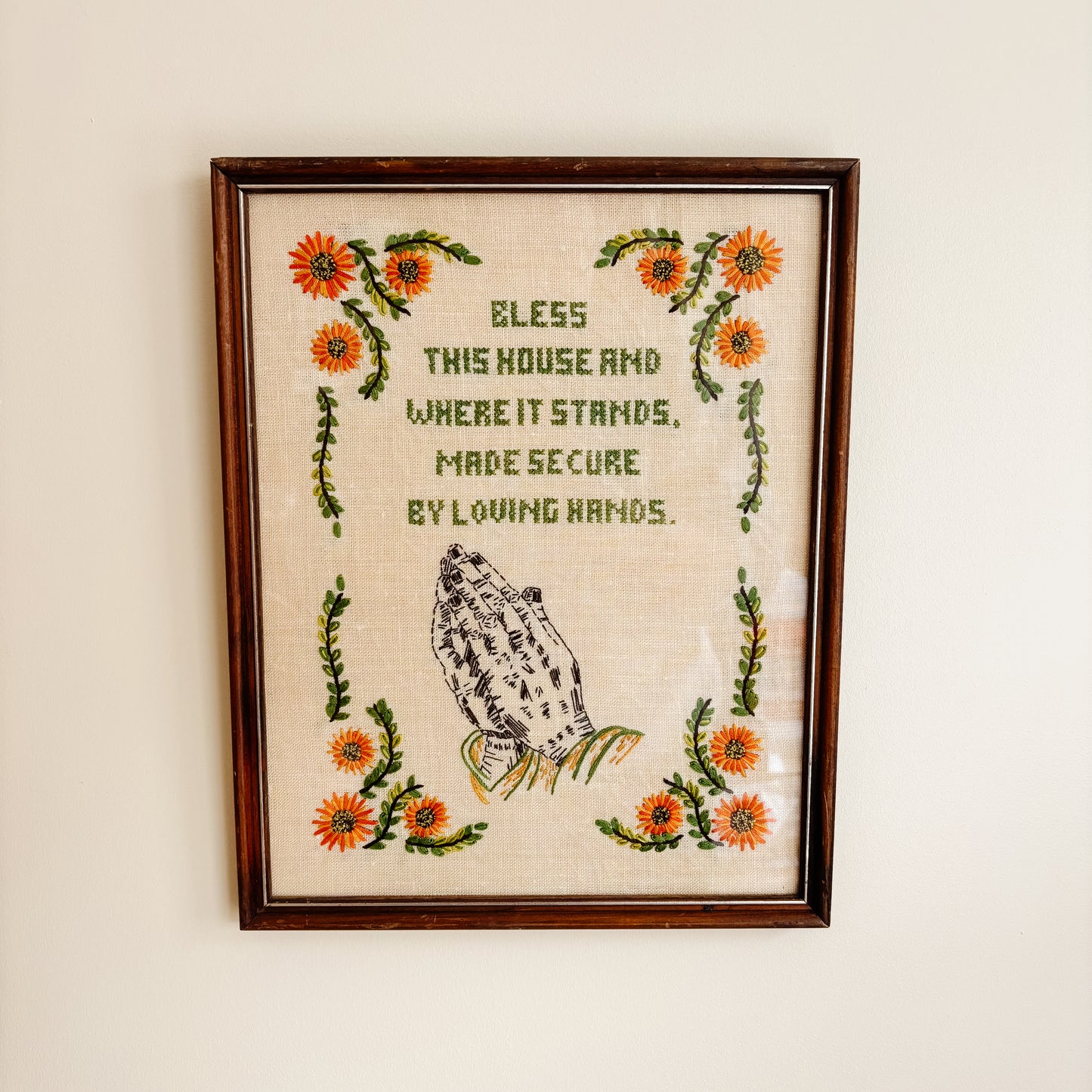 Vintage "Bless this House" Crewel Cross-Stitch Embroidery