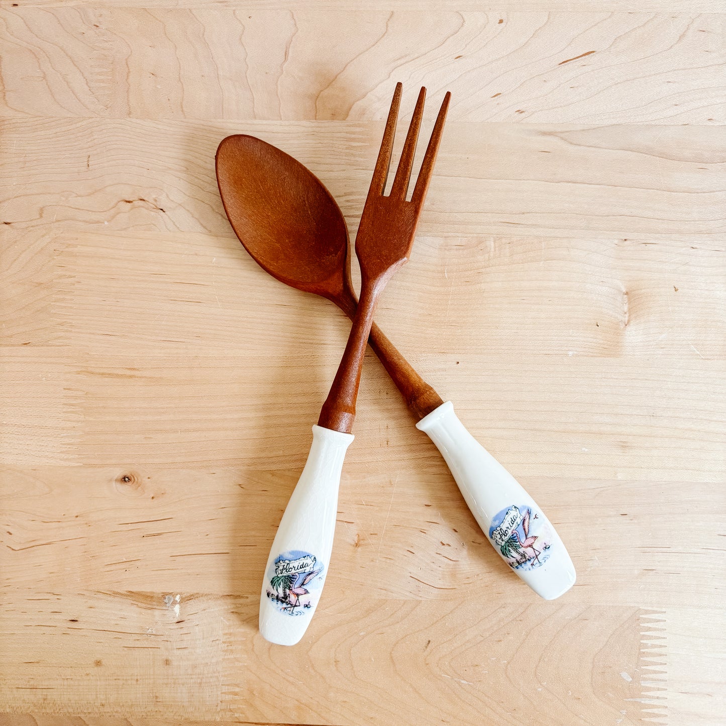 1960s Florida Wooden Souvenir Salad Server Set with Flamingos