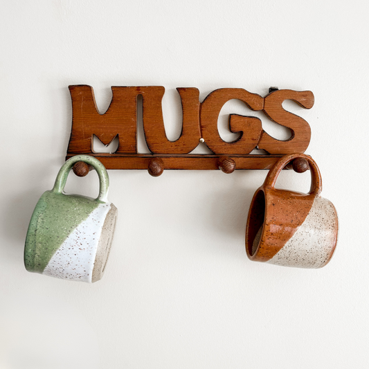 Vintage Wood "MUGS" Text Hanging Peg Rack