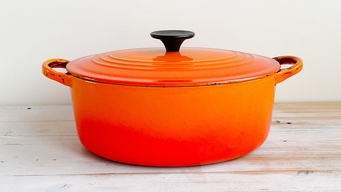 Shiny flame orange Le Creuset oval enamelware Dutch oven looks great after cleaning