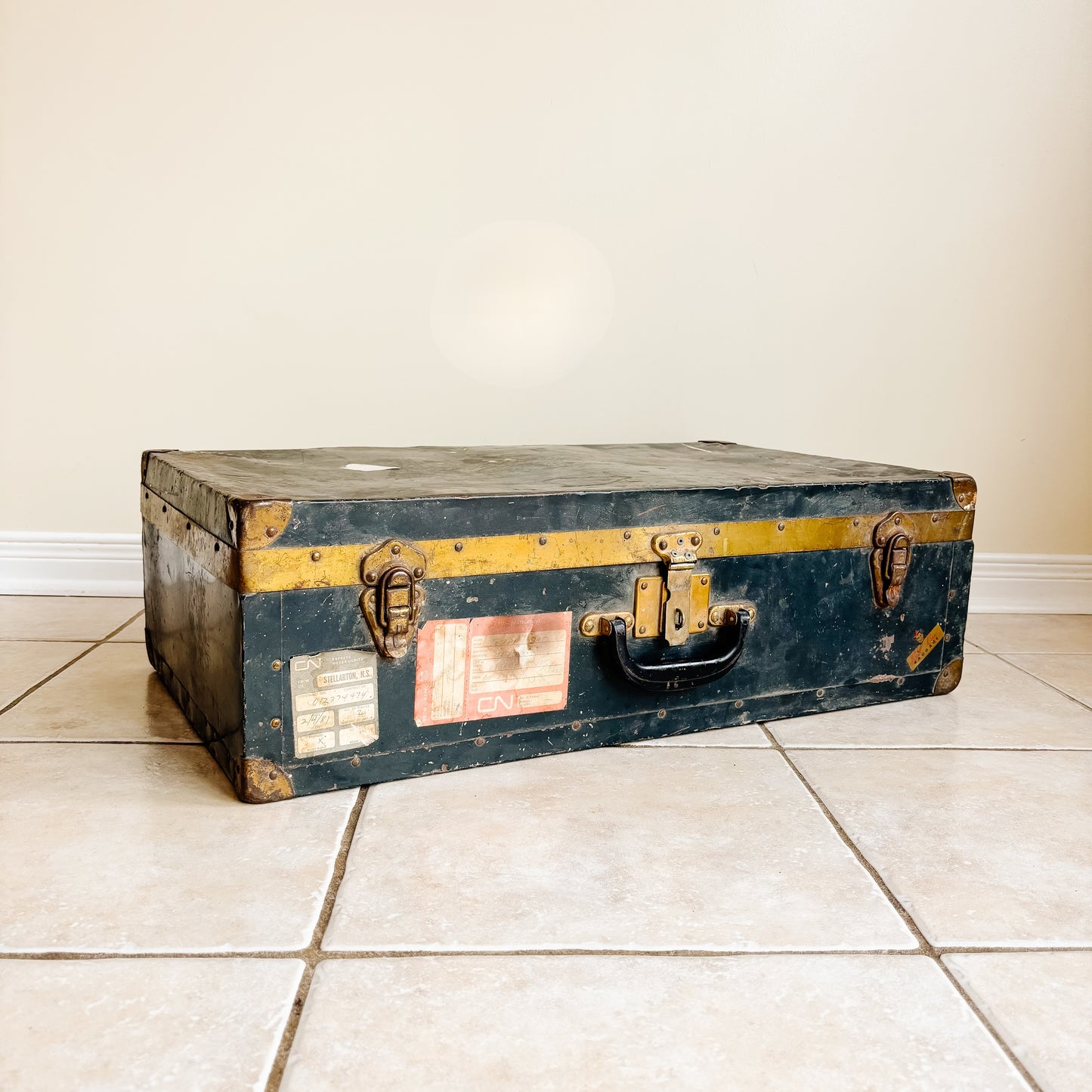 Vintage Navy Blue Metal Travel Case with Brass Accents and CN Rail Stickers