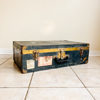 Vintage Navy Blue Metal Travel Case with Brass Accents and CN Rail Stickers